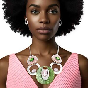 Pink Green Circular Bib Necklace Set